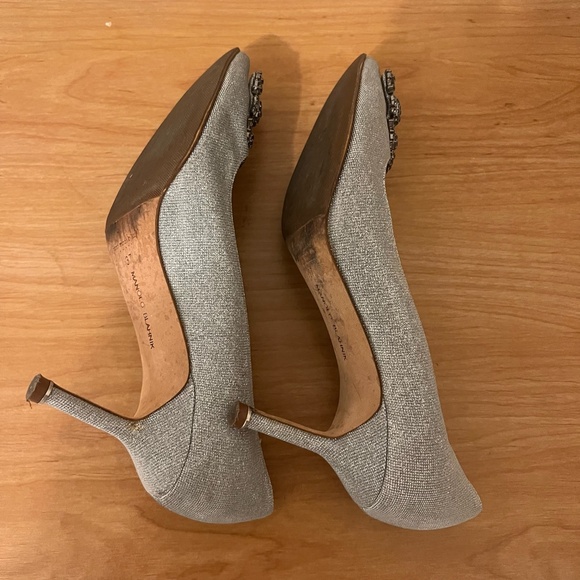 MANOLO BLAHNIK White Rhinestone Silver Metallic Woven Hangisi Jeweled heels 37 - Picture 10 of 10